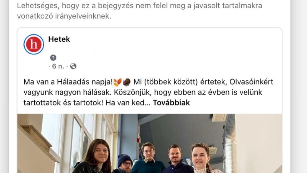 Letiltotta a Facebook a Hetek hálaadásnapi posztját